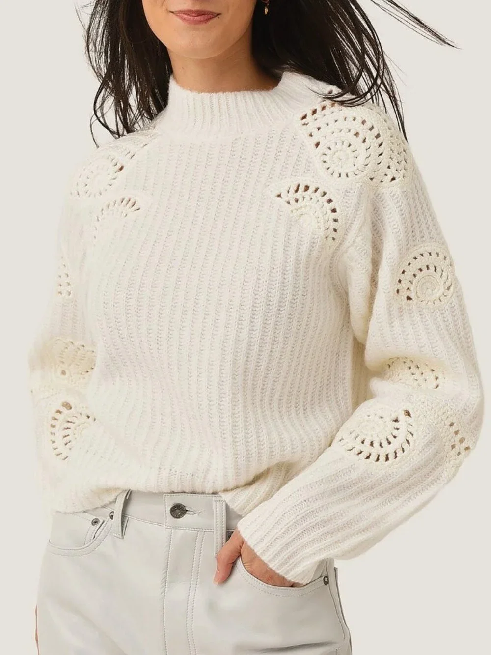 New Vince Crochet Shell Alpaca Wool Sweater Cream XL $525